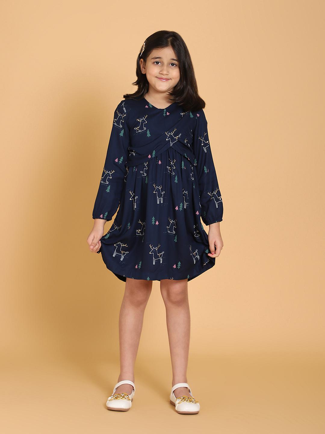 navy-blue-dear-print-panelled-dress-10510093BL, Kids Clothing, Viscose Girl Dress