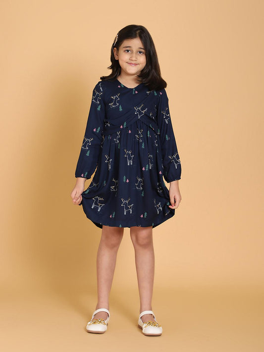 navy-blue-dear-print-panelled-dress-10510093BL, Kids Clothing, Viscose Girl Dress