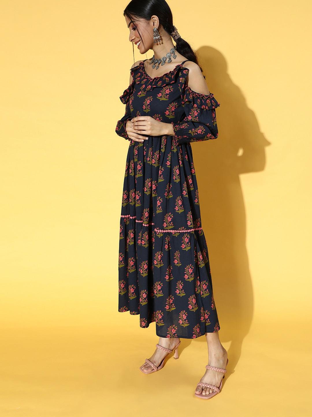 navy-blue-floral-printed-dress-10104187BL, Women Clothing, Cotton Dresses