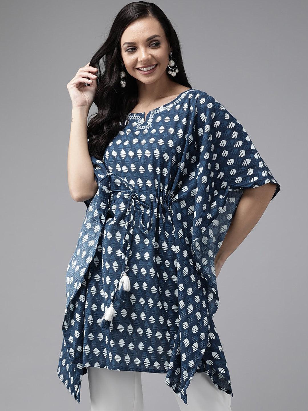 navy-blue-geometric-printed-caftan-10121050BL, Women Clothing, Cotton Caftan