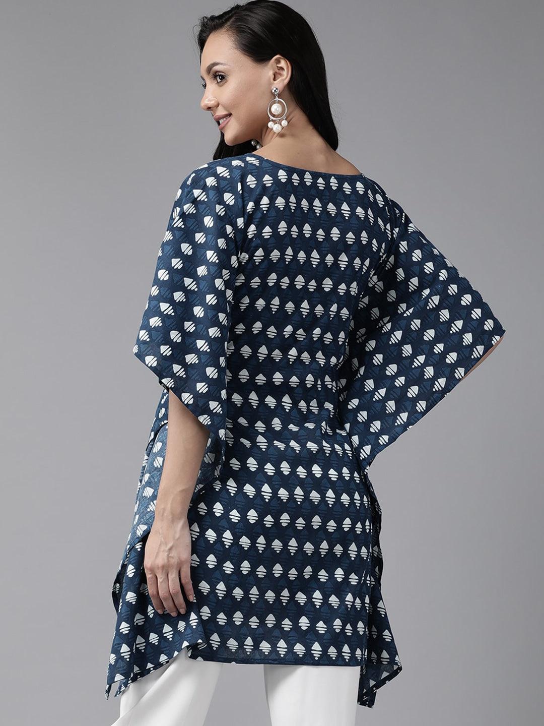 navy-blue-geometric-printed-caftan-10121050BL, Women Clothing, Cotton Caftan