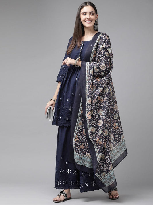 navy-blue-mirror-work-dupatta-set-10103112BL, Women Indian Ethnic Clothing, Cotton Kurta Set Dupatta