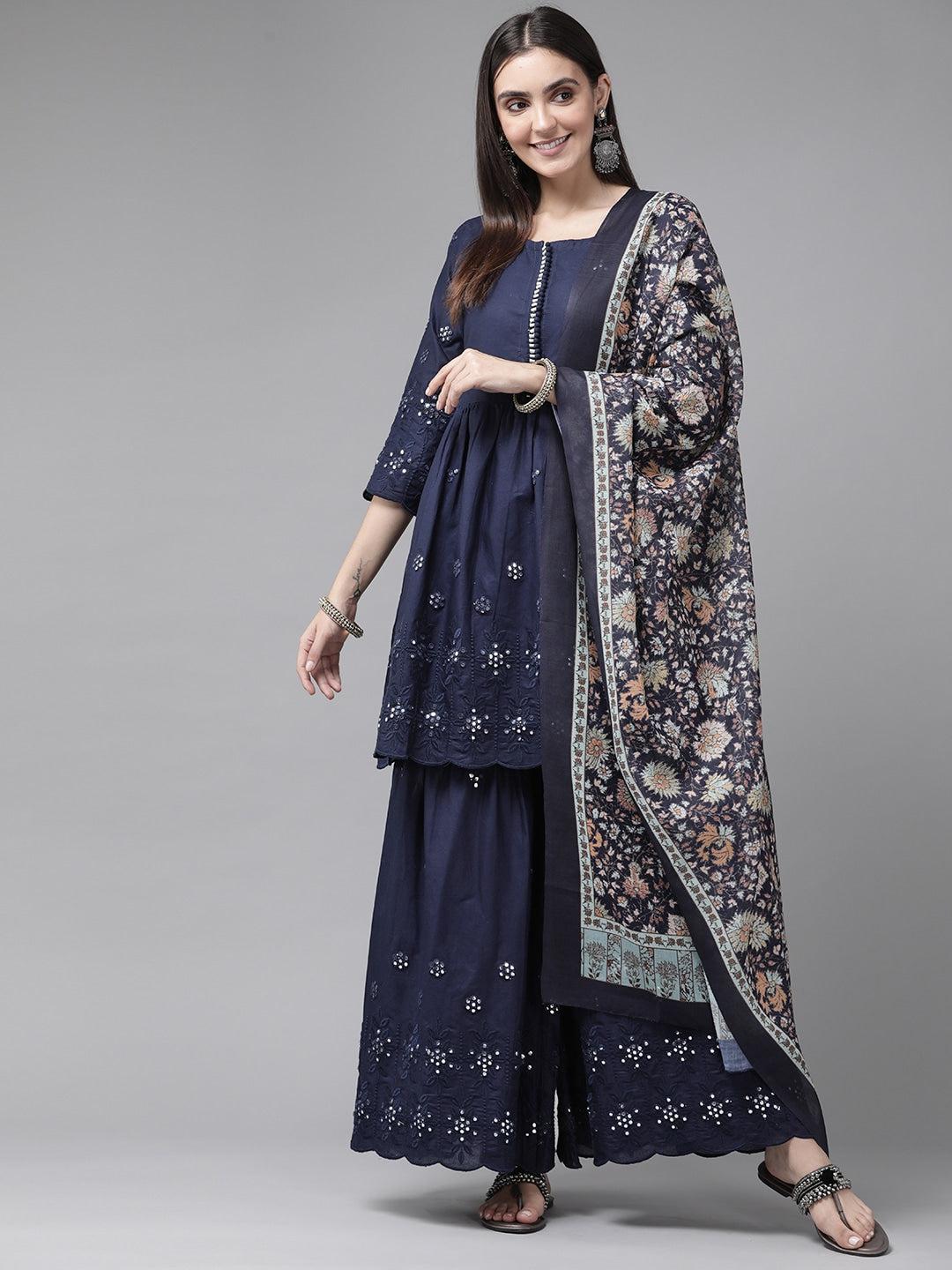 navy-blue-mirror-work-dupatta-set-10103112BL, Women Indian Ethnic Clothing, Cotton Kurta Set Dupatta