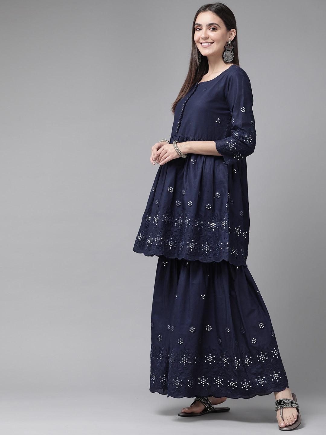 navy-blue-mirror-work-dupatta-set-10103112BL, Women Indian Ethnic Clothing, Cotton Kurta Set Dupatta