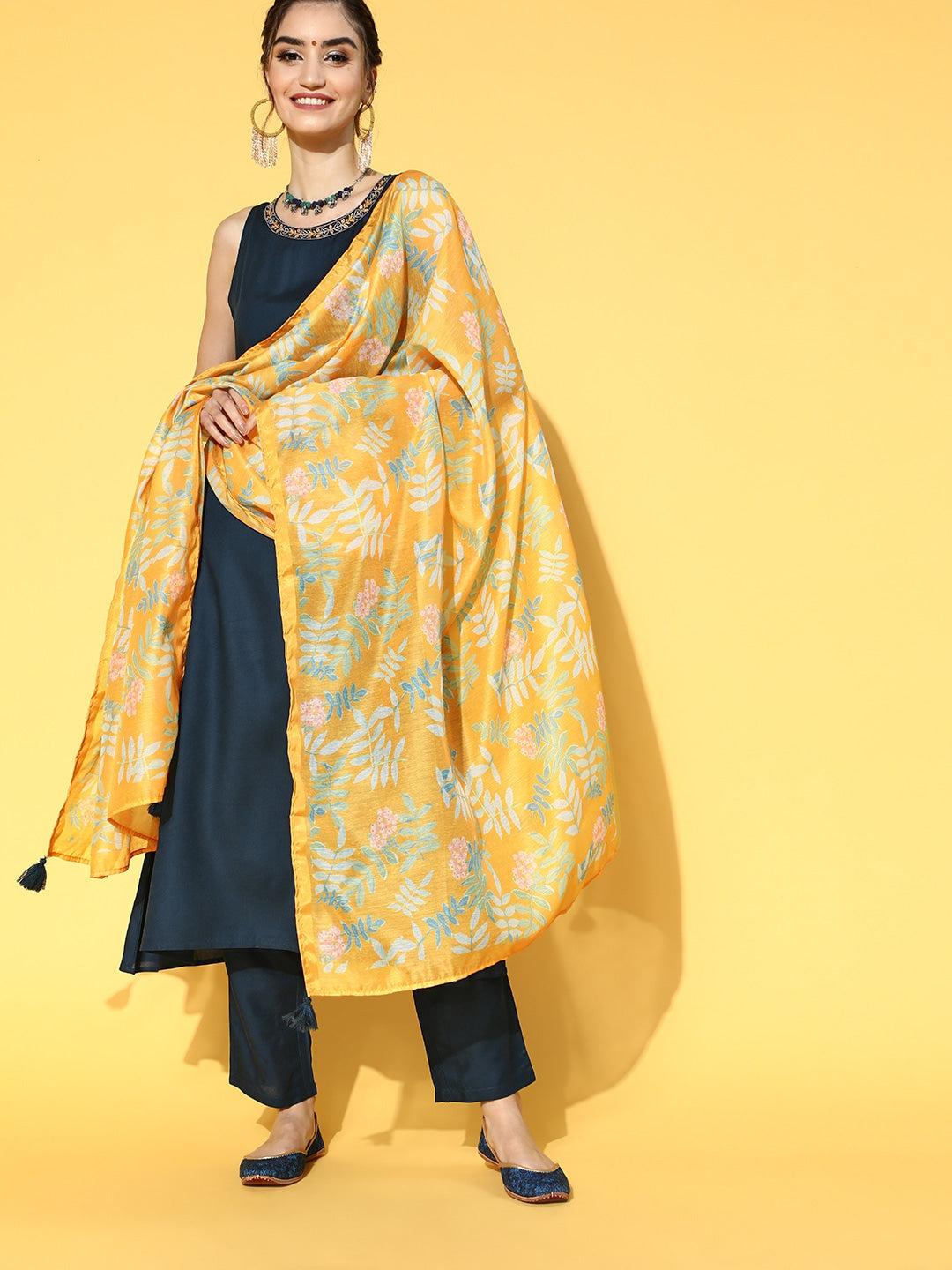 navy-blue-mustard-solid-printed-dupatta-set-10103123BL, Women Indian Ethnic Clothing, Rayon Kurta Set Dupatta