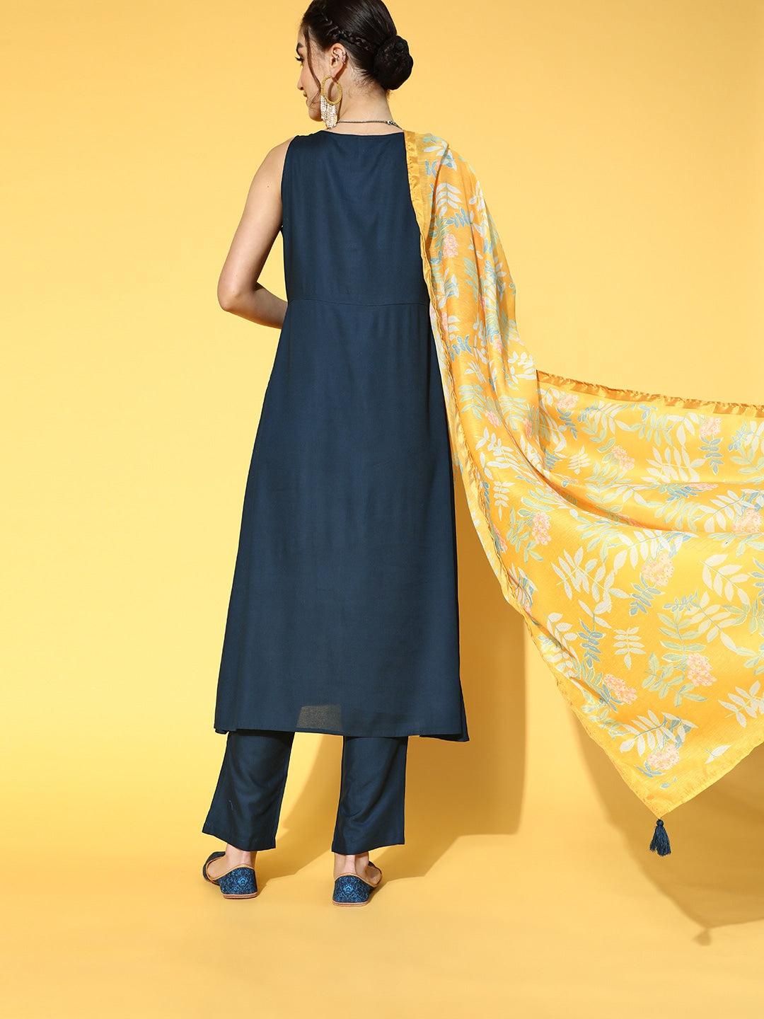 navy-blue-mustard-solid-printed-dupatta-set-10103123BL, Women Indian Ethnic Clothing, Rayon Kurta Set Dupatta