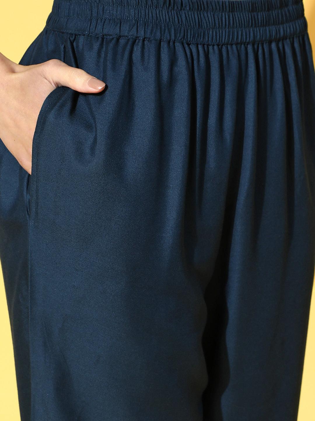 navy-blue-mustard-solid-printed-dupatta-set-10103123BL, Women Indian Ethnic Clothing, Rayon Kurta Set Dupatta