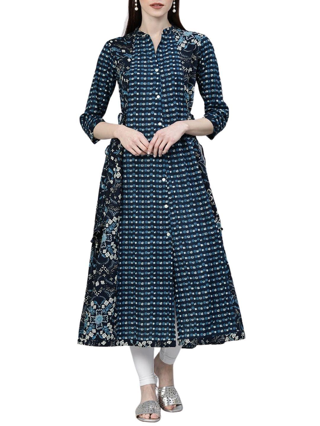 navy-blue-printed-a-line-kurta-10001012BL, Women Indian Ethnic Clothing, Cotton Kurta