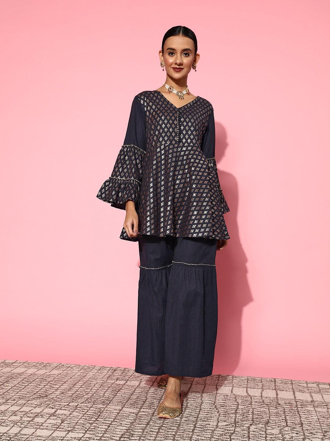 navy-blue-printed-kurta-sharara-10140140BL, Women Indian Ethnic Clothing, Cotton Blend Co-Ords