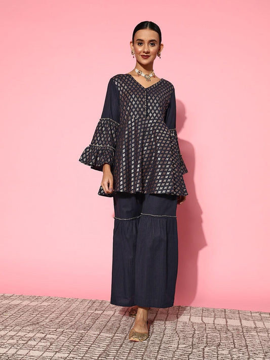 navy-blue-printed-kurta-sharara-10140140BL, Women Indian Ethnic Clothing, Cotton Blend Co-Ords