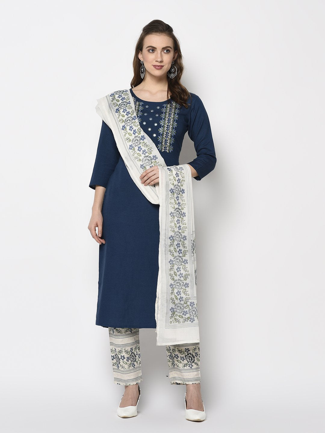 navy-blue-straight-kurta-dupatta-set-10103004BL, Women Indian Ethnic Clothing, Cotton Kurta Set Dupatta