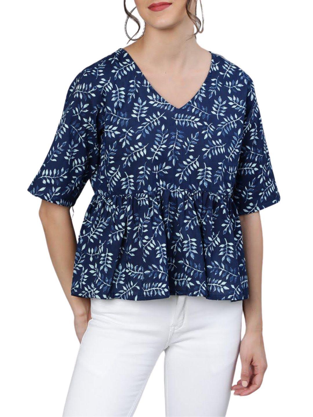 navy-blue-white-floral-printed-pure-cotton-top-10207114BL, Women Clothing, Cotton Top