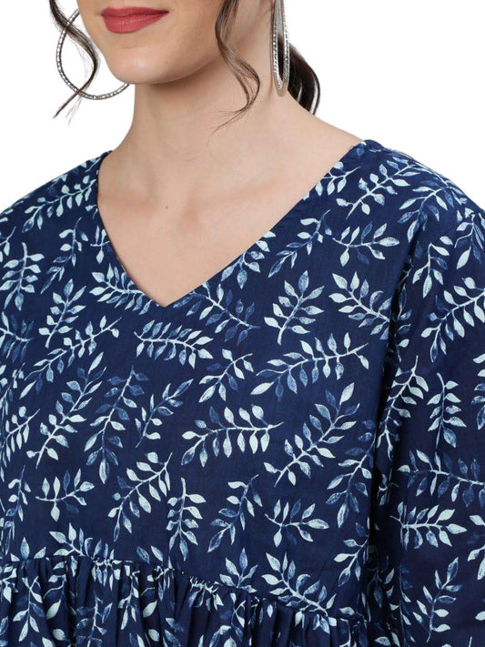 navy-blue-white-floral-printed-pure-cotton-top-10207114BL, Women Clothing, Cotton Top