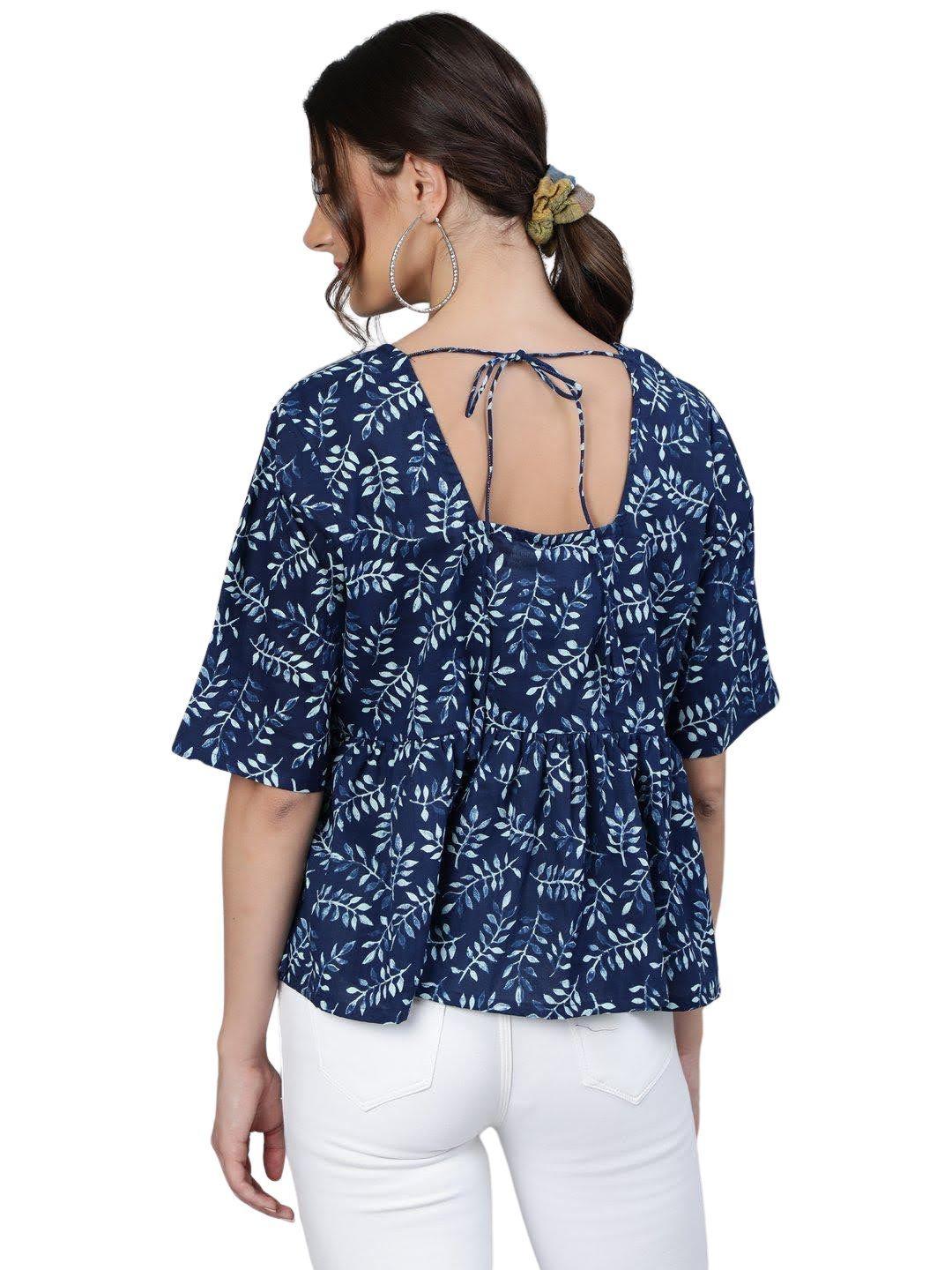 navy-blue-white-floral-printed-pure-cotton-top-10207114BL, Women Clothing, Cotton Top