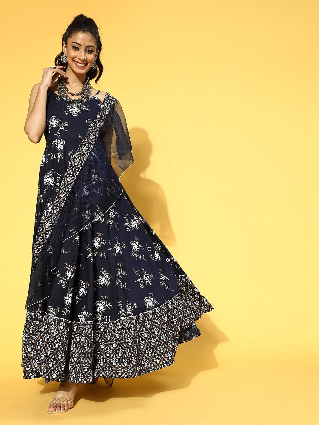 navy-blue-white-printed-dress-dupatta-10104193BL, Women Clothing, Cotton Dresses