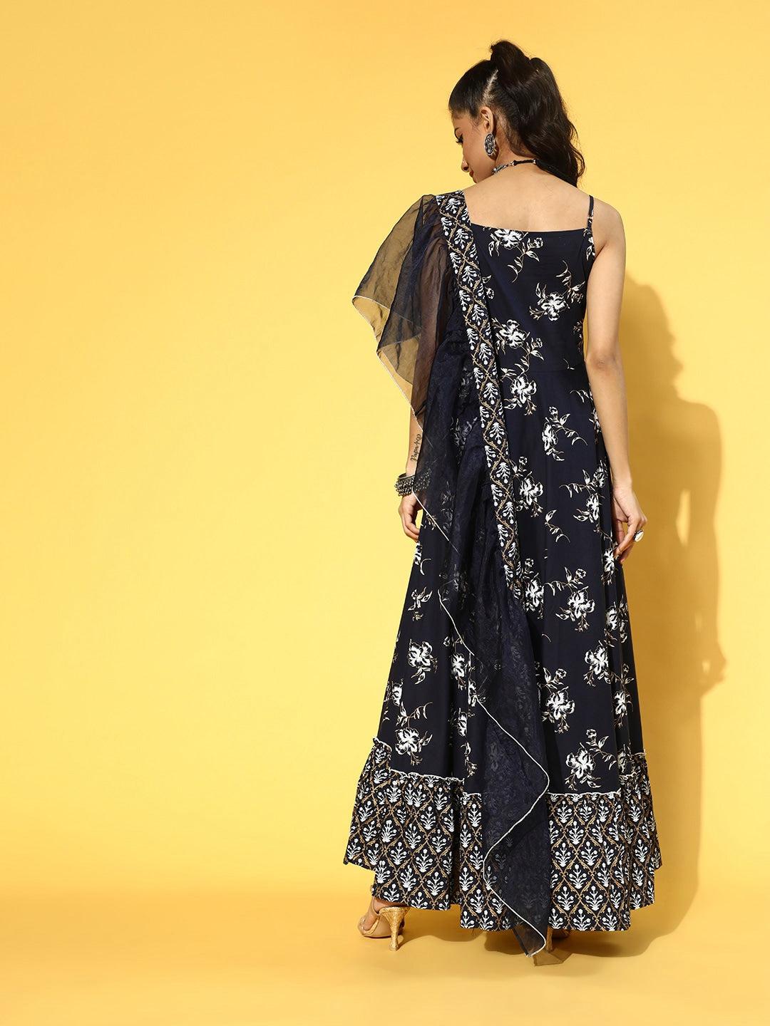 navy-blue-white-printed-dress-dupatta-10104193BL, Women Clothing, Cotton Dresses