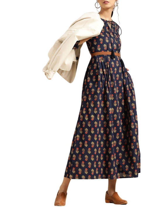 navy-blue-yellow-ethnic-motifs-ethnic-maxi-dress-10204106BL, Women Clothing, Cotton Dress