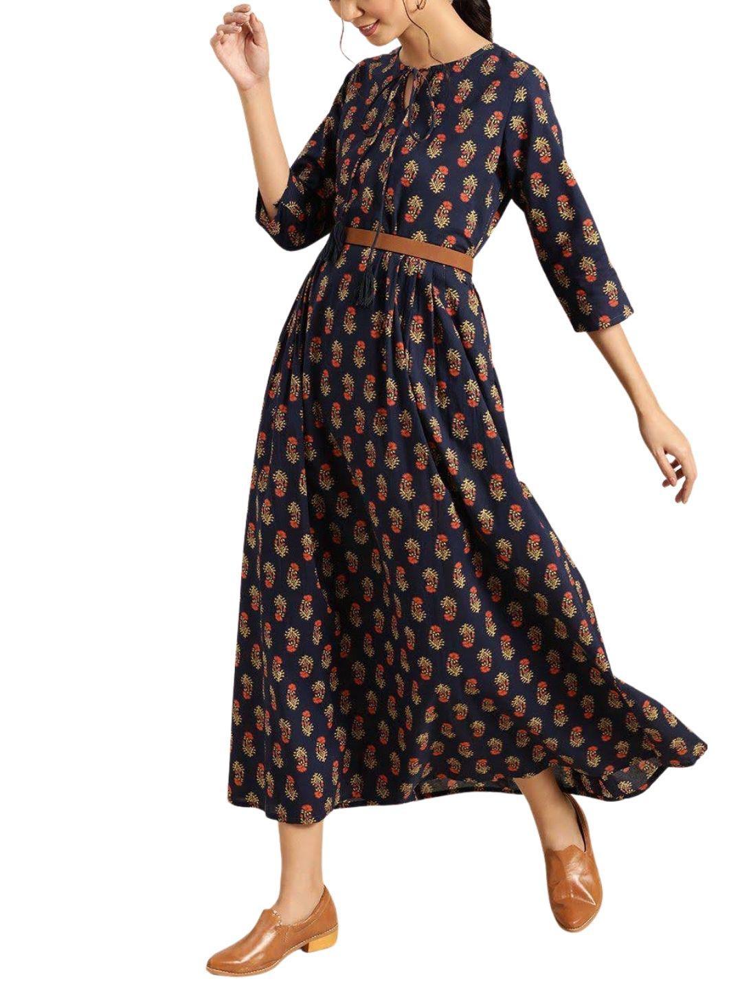 navy-blue-yellow-ethnic-motifs-ethnic-maxi-dress-10204106BL, Women Clothing, Cotton Dress
