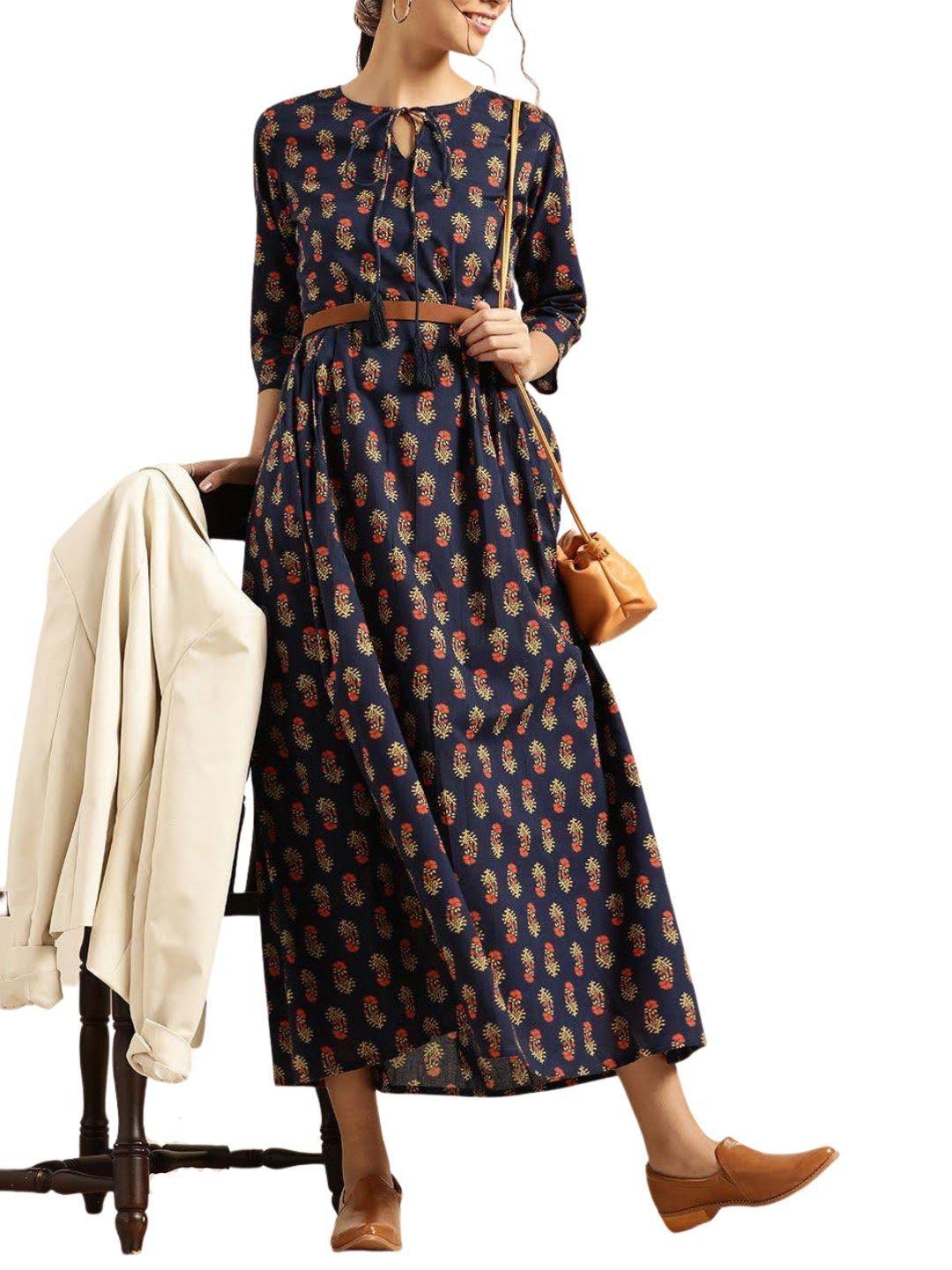 navy-blue-yellow-ethnic-motifs-ethnic-maxi-dress-10204106BL, Women Clothing, Cotton Dress