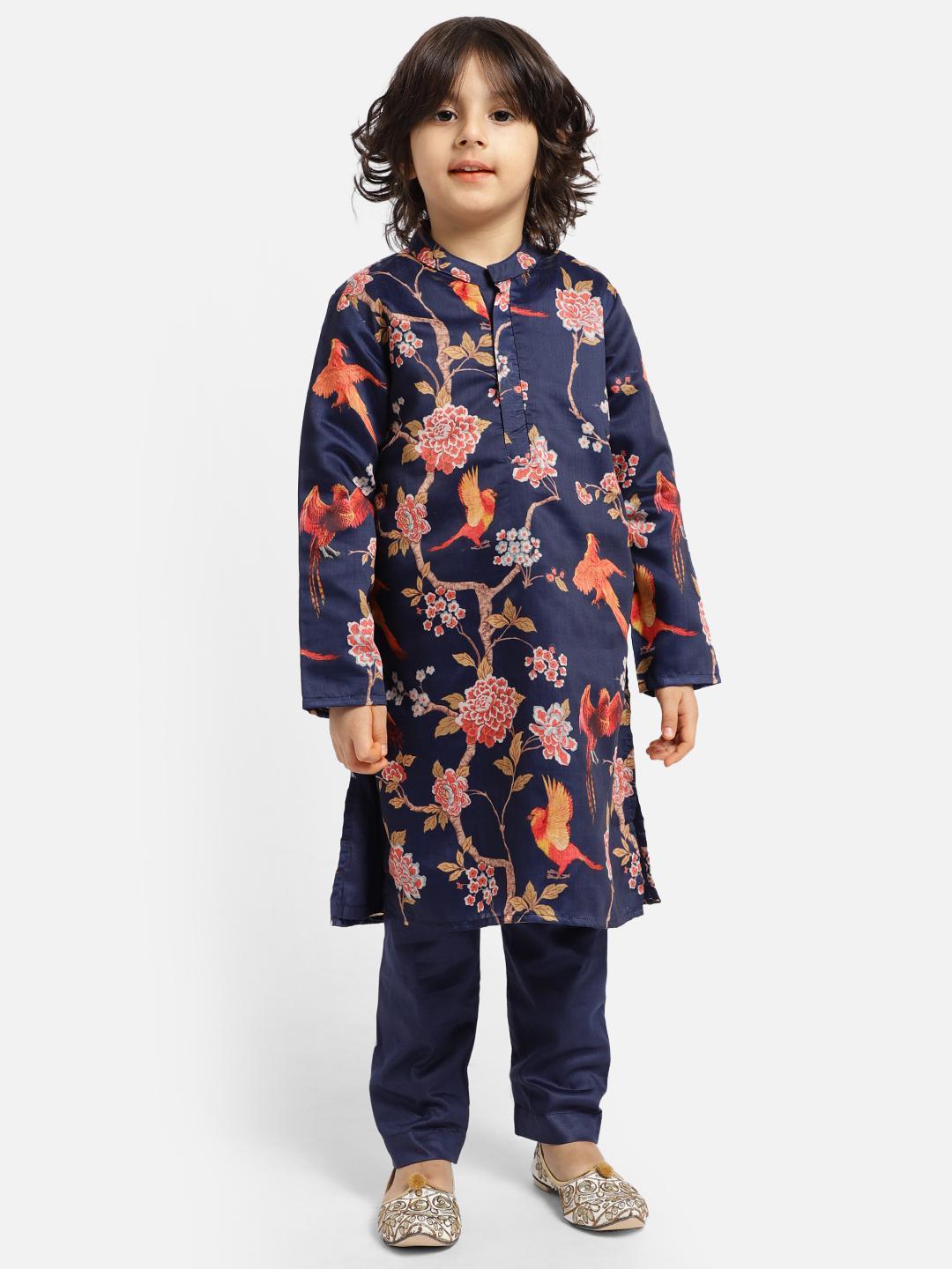 navy-printed-kurta-with-pajama-set-10520079BL, Indian Kids Clothing, Satin Boy Kurta Pajama Set