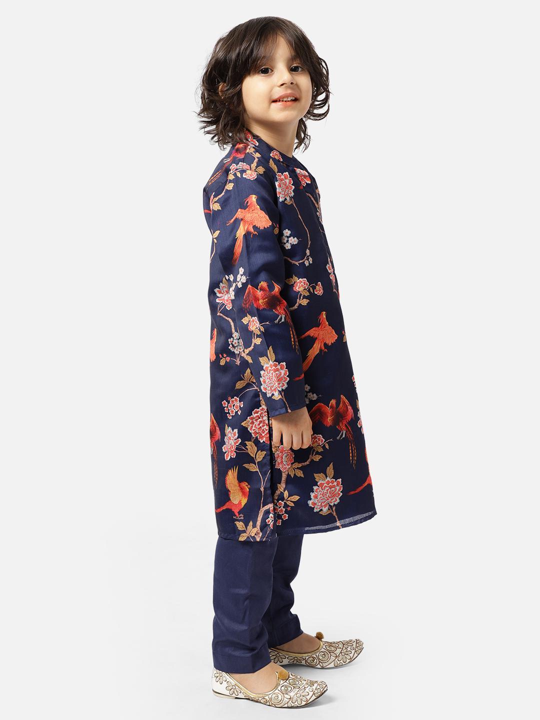 navy-printed-kurta-with-pajama-set-10520079BL, Indian Kids Clothing, Satin Boy Kurta Pajama Set