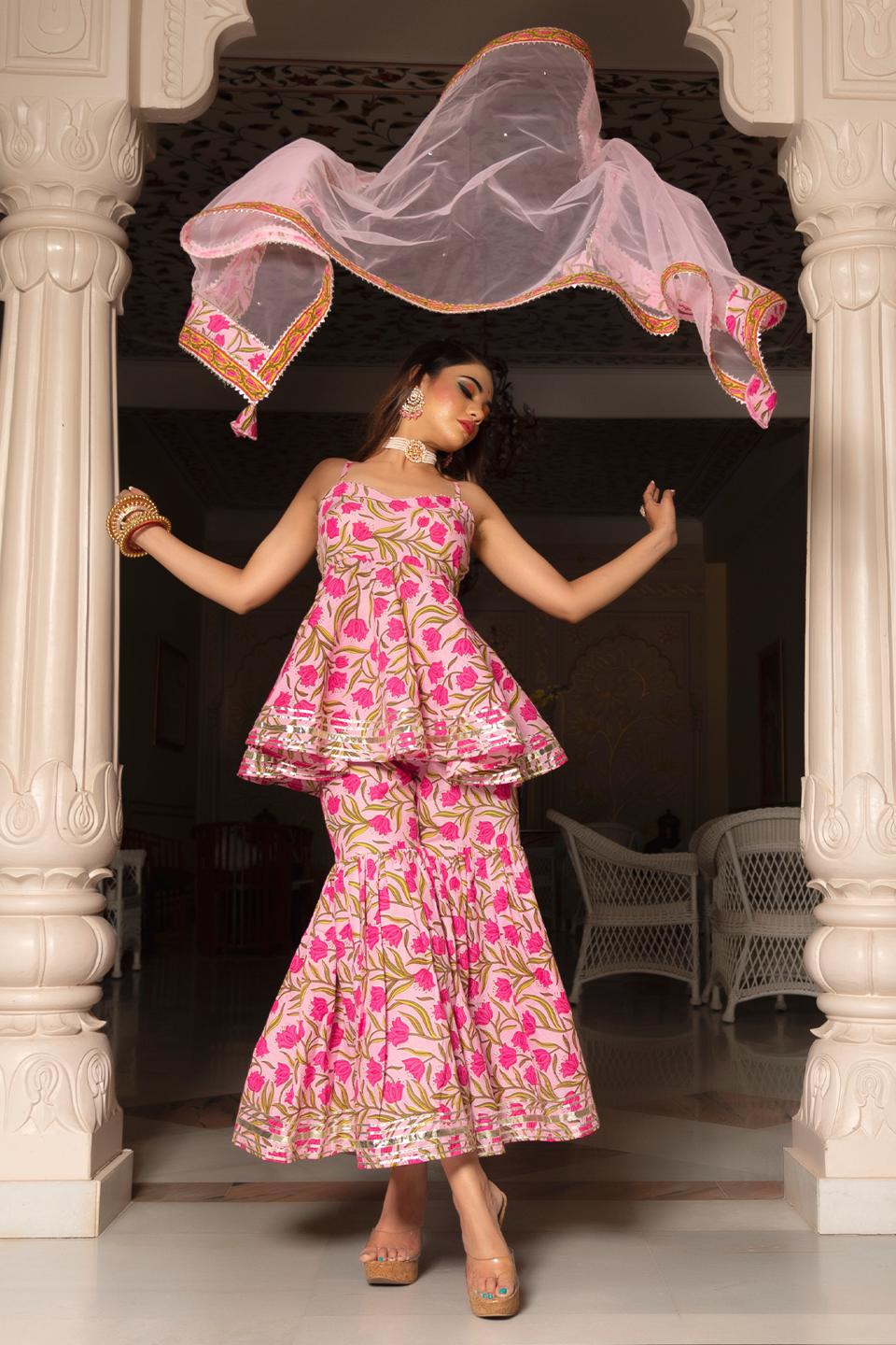 nazakat-pink-cotton-hand-block-sharara-set-11403149PK, Women Indian Ethnic Clothing, Cotton Kurta Set Dupatta