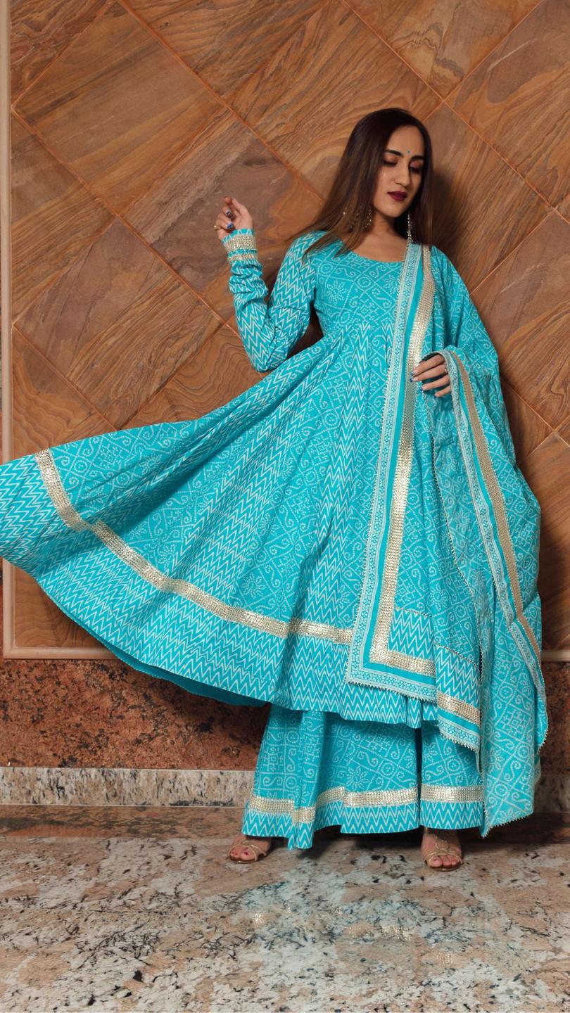 neelkari-blue-cotton-anarkali-set-11403180BL, Women Indian Ethnic Clothing, Cotton Kurta Set Dupatta