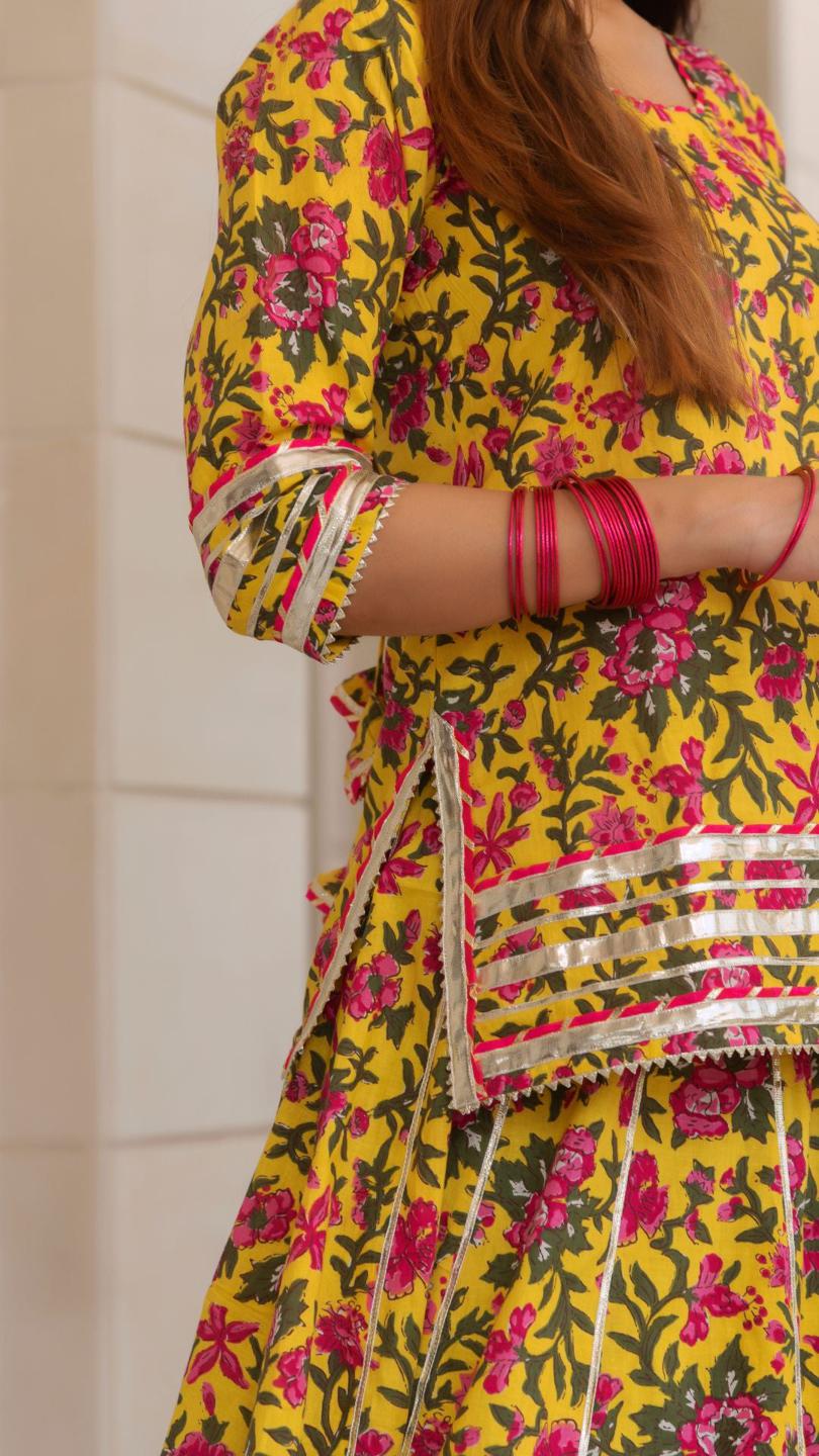 nitara-cotton-hand-block-skirt-set-11403176YL, Women Indian Ethnic Clothing, Cotton Kurta Set Dupatta