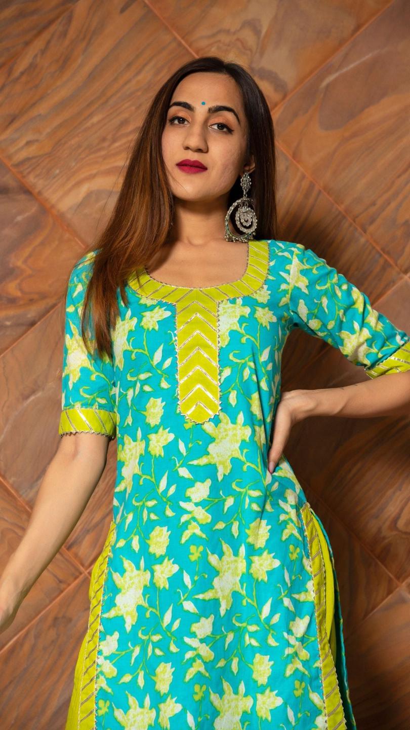 noor-hand-block-cotton-suit-set-11403173BL, Women Indian Ethnic Clothing, Cotton Kurta Set Dupatta