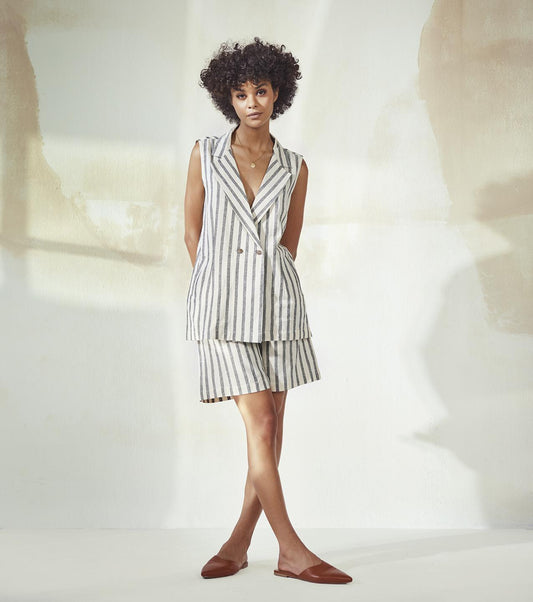 off-white-grey-cotton-linen-stripe-co-ord-set-11940058WH, Women Clothing, Cotton Linen Matching Set