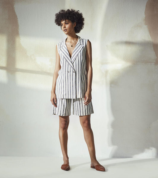 off-white-grey-cotton-linen-stripe-co-ord-set-11940058WH, Women Clothing, Cotton Linen Matching Set
