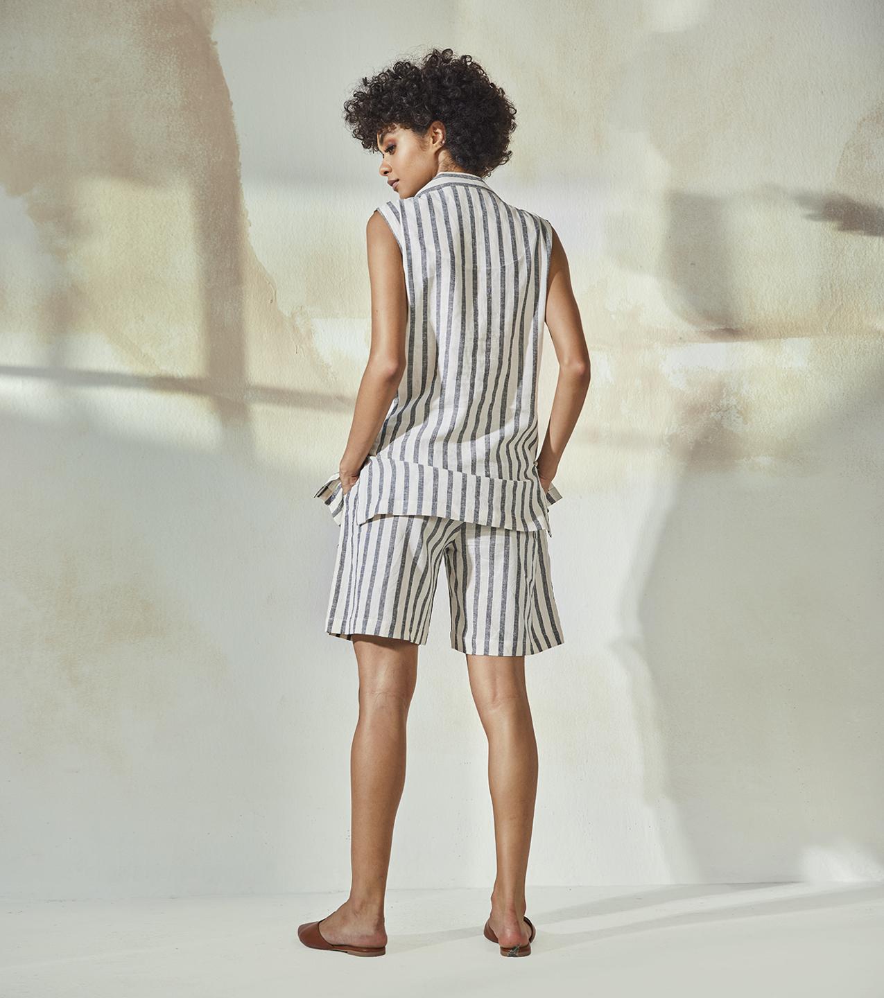 off-white-grey-cotton-linen-stripe-co-ord-set-11940058WH, Women Clothing, Cotton Linen Matching Set