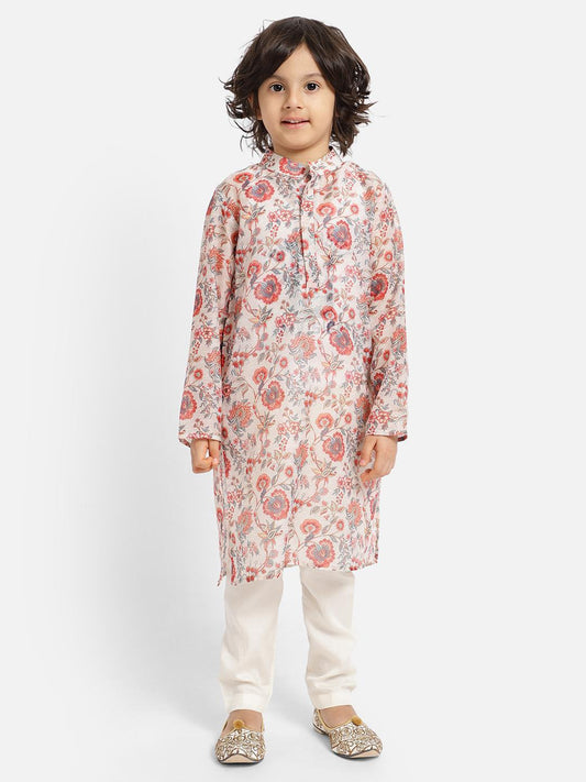 off-white-kurta-pajama-set-enhanced-with-floral-print-10520072WH, Indian Kids Clothing, Satin Boy Kurta Pajama Set