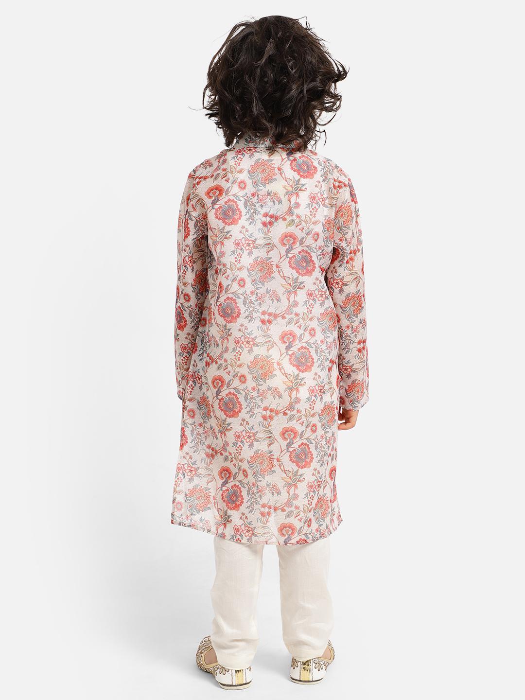 off-white-kurta-pajama-set-enhanced-with-floral-print-10520072WH, Indian Kids Clothing, Satin Boy Kurta Pajama Set