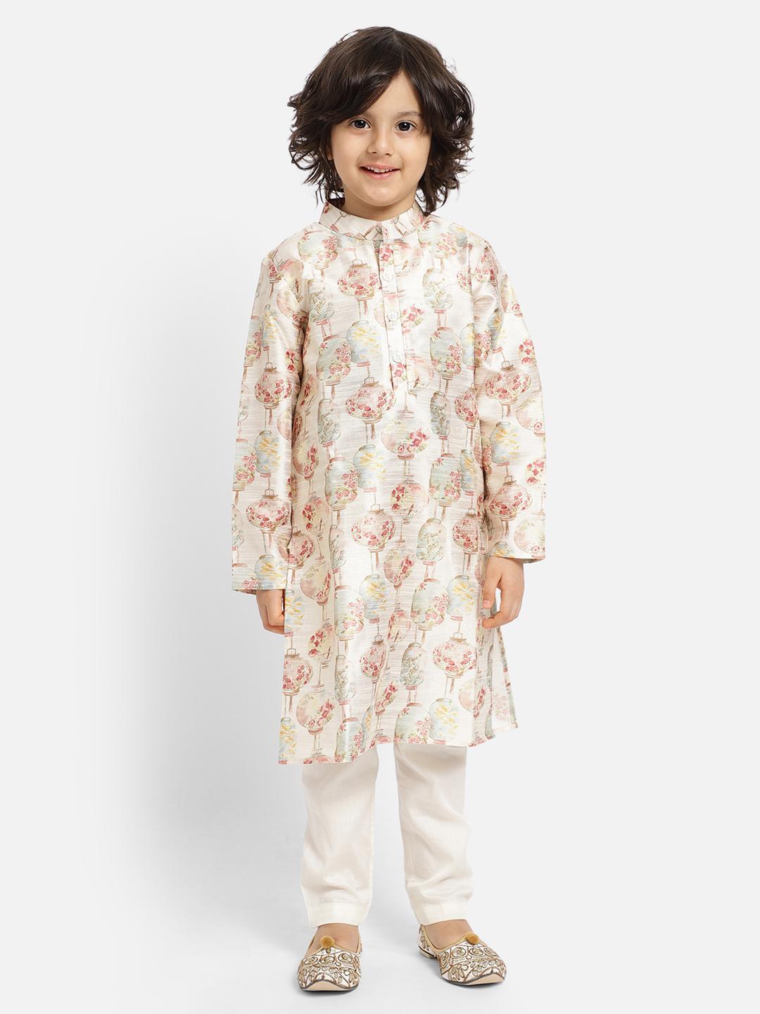 off-white-lantern-print-kurta-pajama-set-10520075WH, Indian Kids Clothing, Satin Boy Kurta Pajama Set
