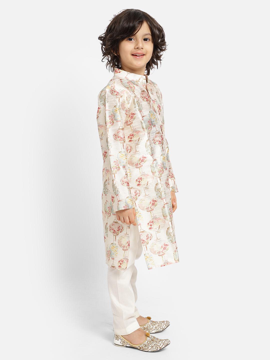 off-white-lantern-print-kurta-pajama-set-10520075WH, Indian Kids Clothing, Satin Boy Kurta Pajama Set