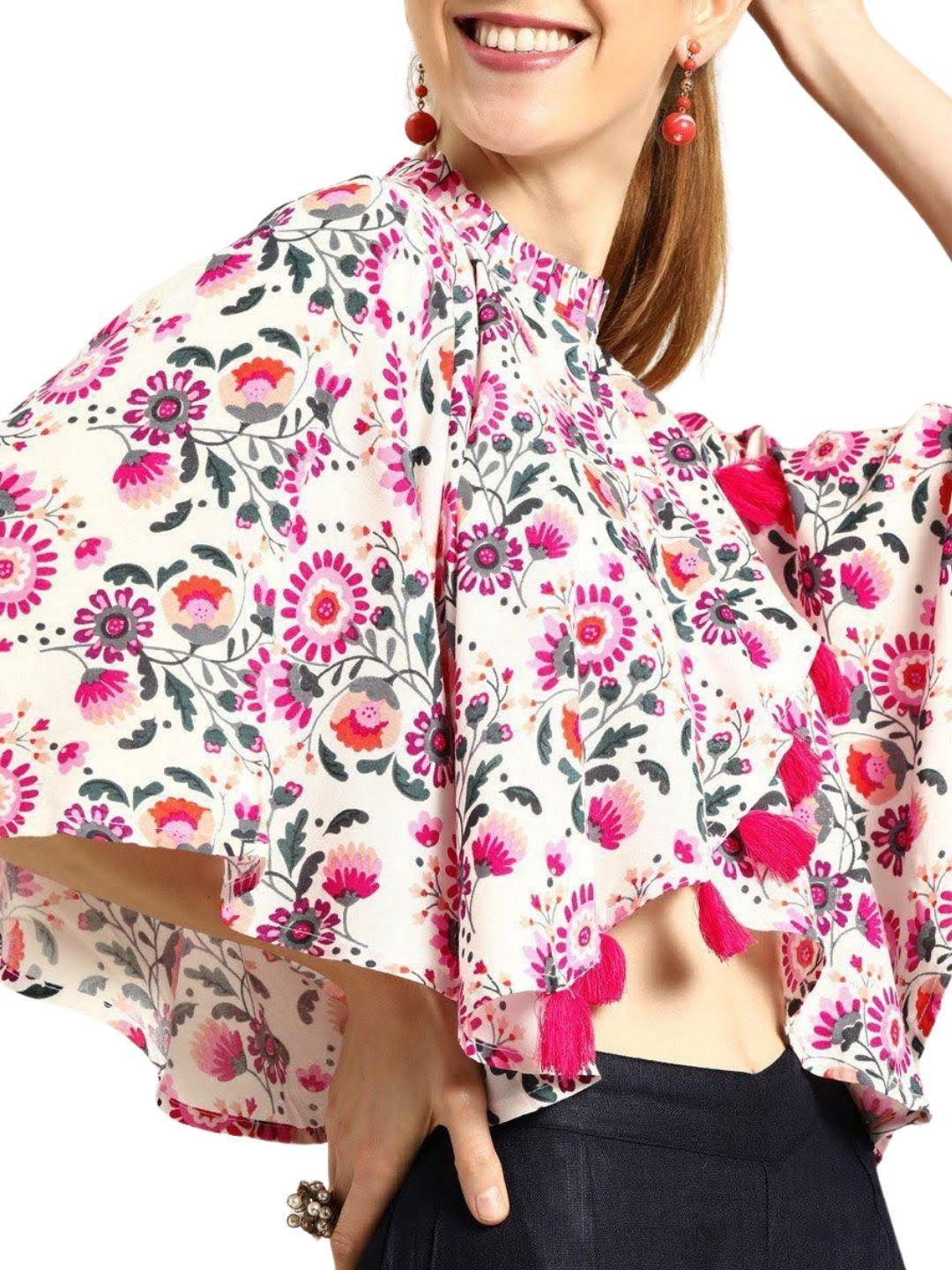 off-white-pink-floral-print-wrap-cape-top-10207113WH, Women Clothing, Cotton Top