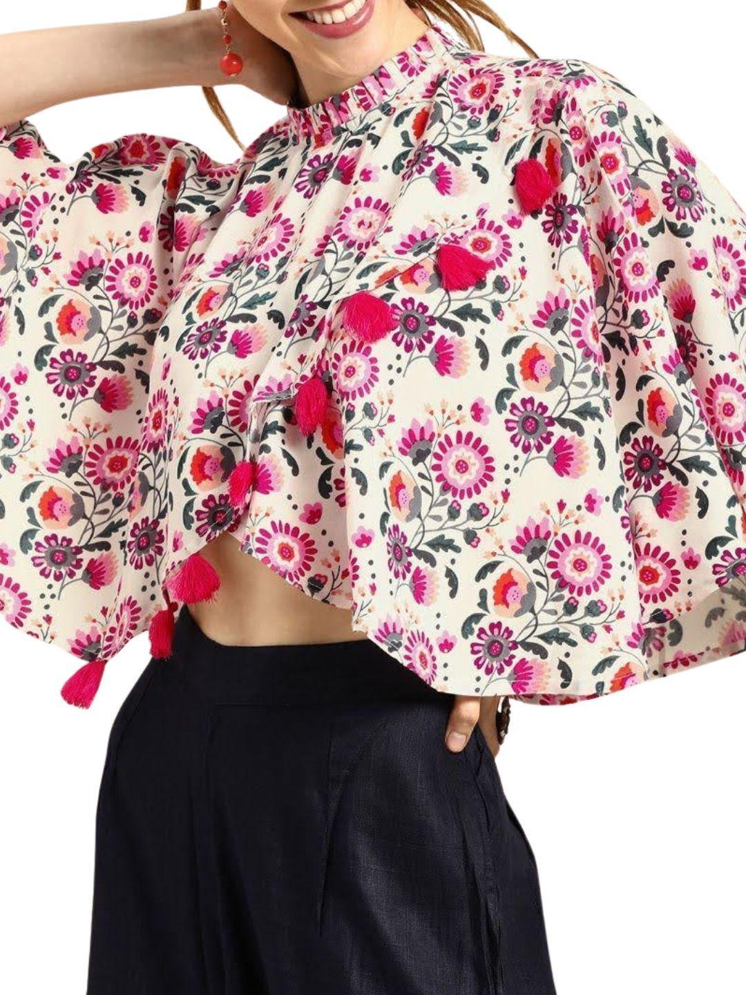 off-white-pink-floral-print-wrap-cape-top-10207113WH, Women Clothing, Cotton Top