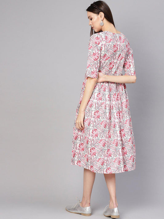 off-white-pink-printed-a-line-dress-10804005WH, Women Clothing, Cotton Dress