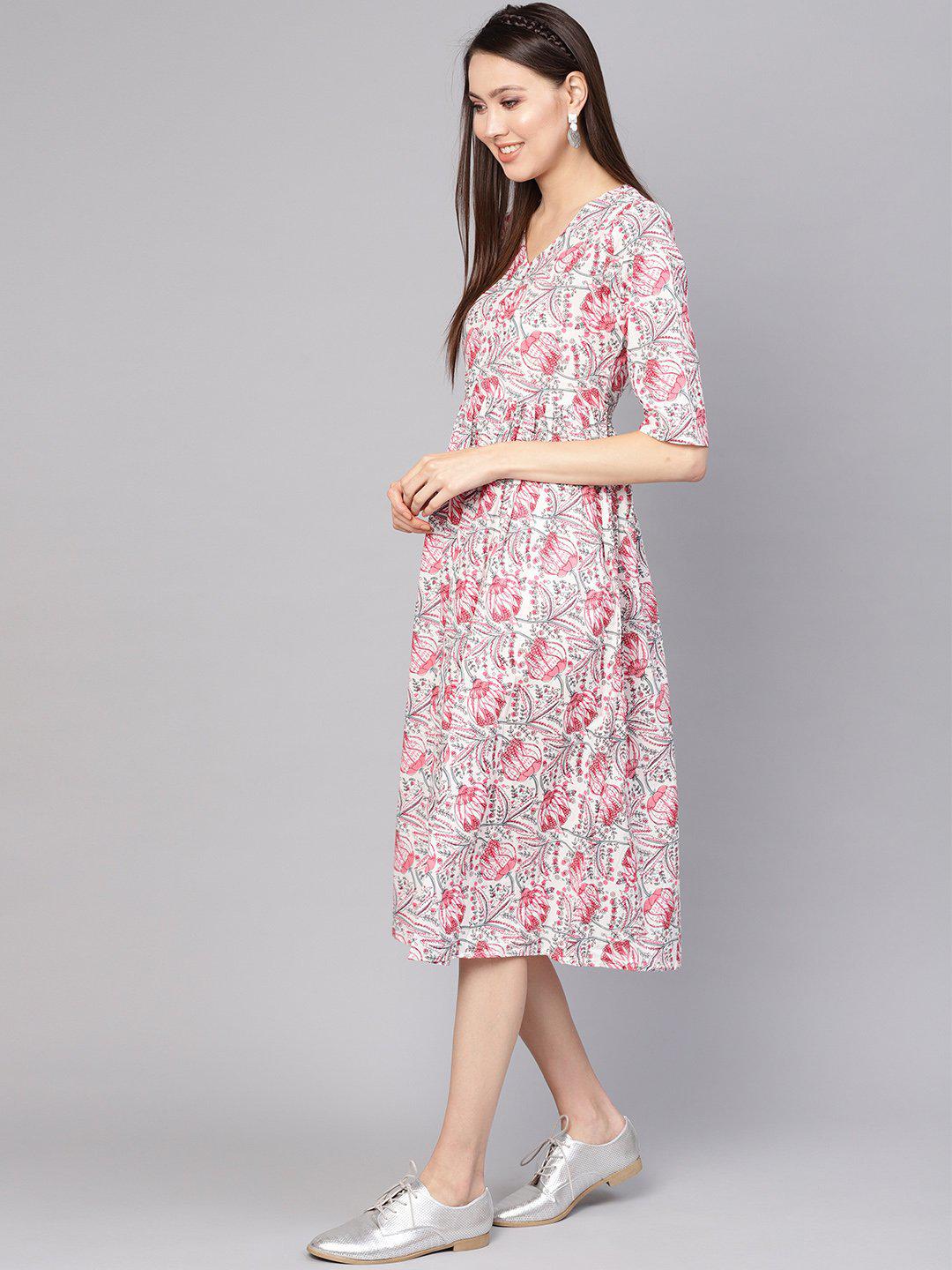 off-white-pink-printed-a-line-dress-10804005WH, Women Clothing, Cotton Dress