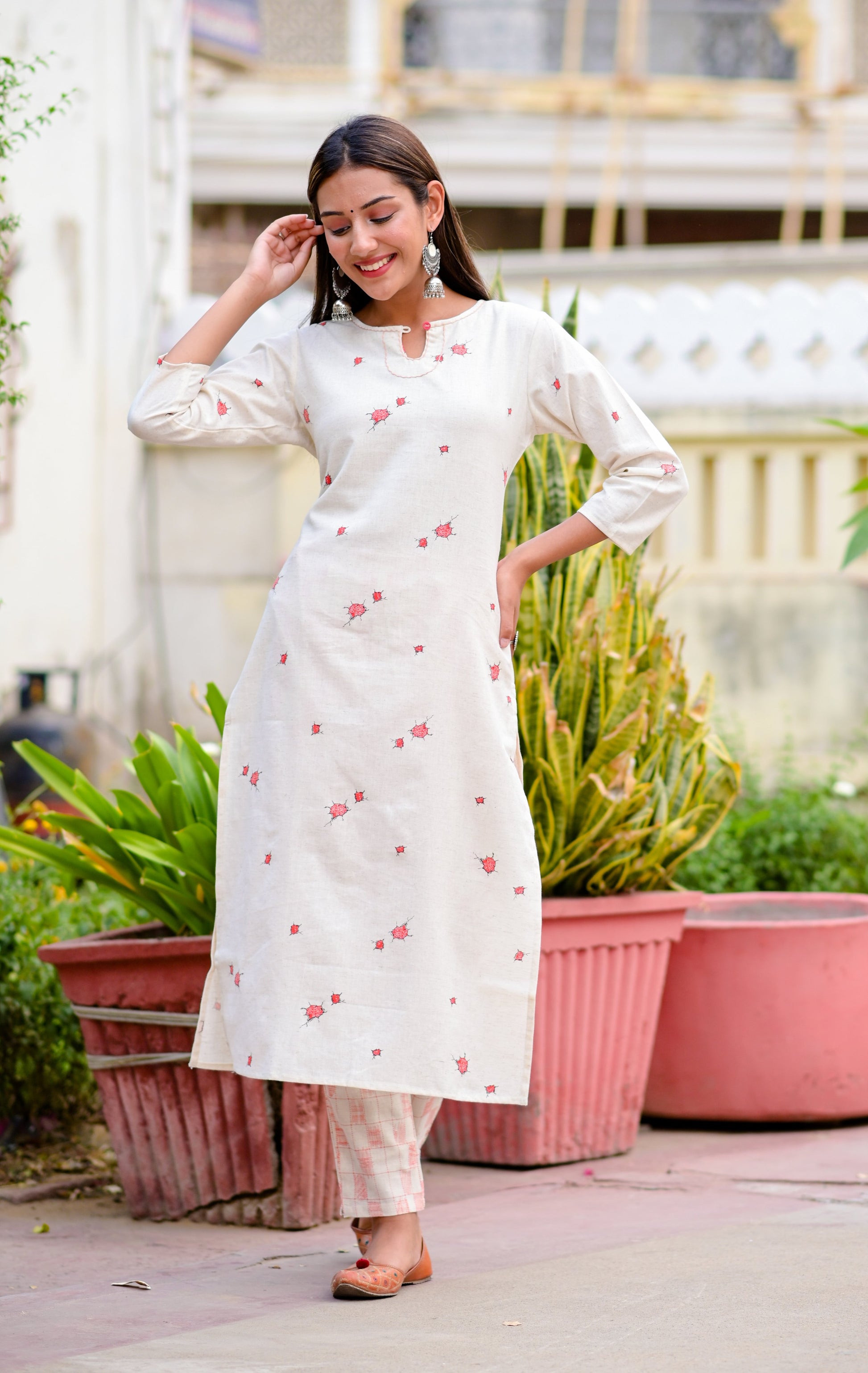 off-white-printed-kurta-with-trousers-10102016WH, Women Indian Ethnic Clothing, Cotton Kurta Set