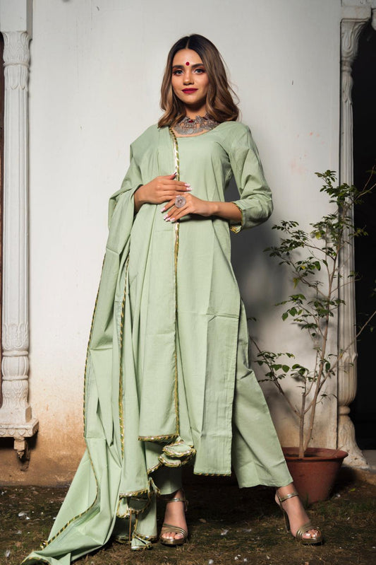 olive-green-cotton-straight-kurta-set-11403135GR, Women Indian Ethnic Clothing, Cotton Kurta Set Dupatta