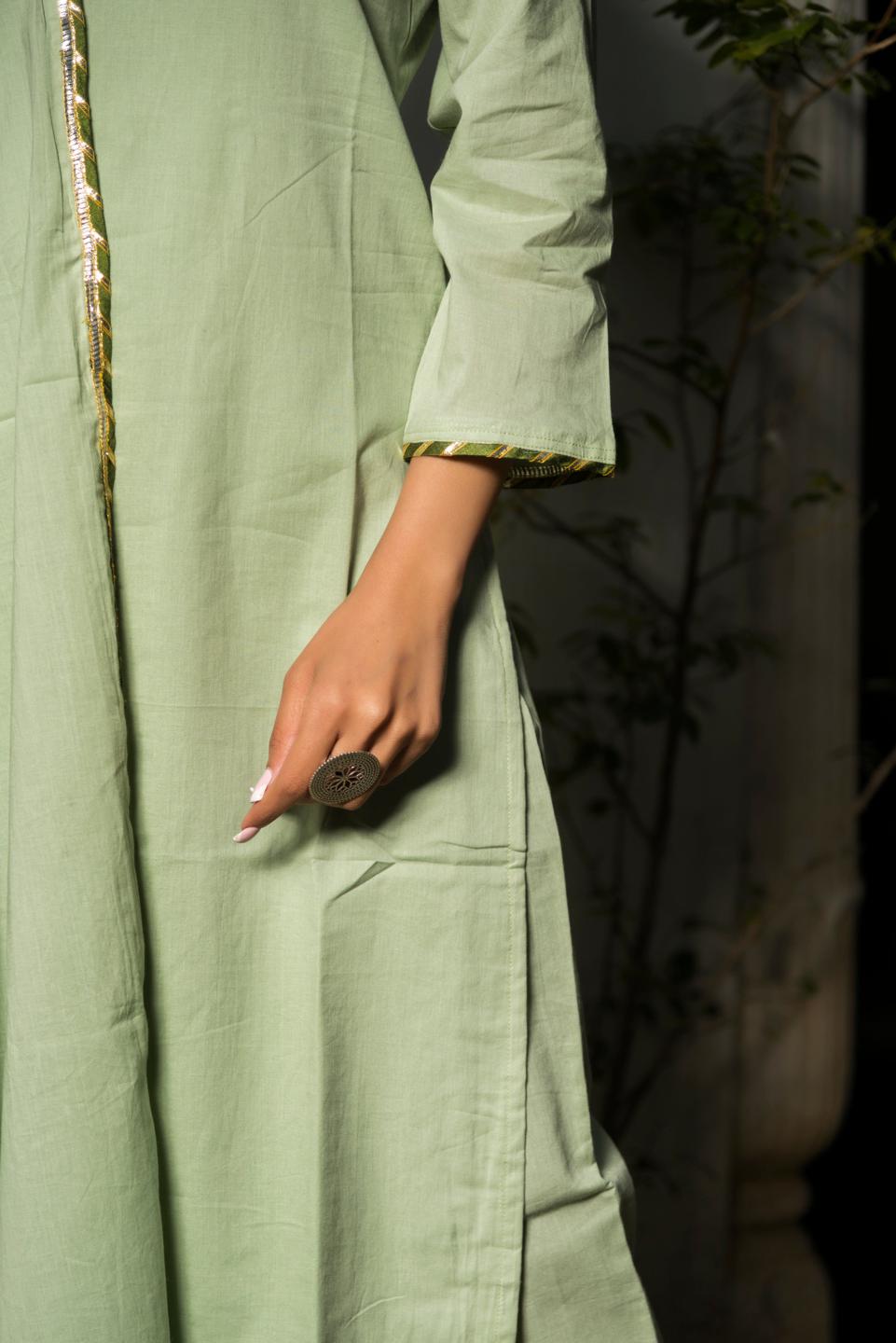 olive-green-cotton-straight-kurta-set-11403135GR, Women Indian Ethnic Clothing, Cotton Kurta Set Dupatta