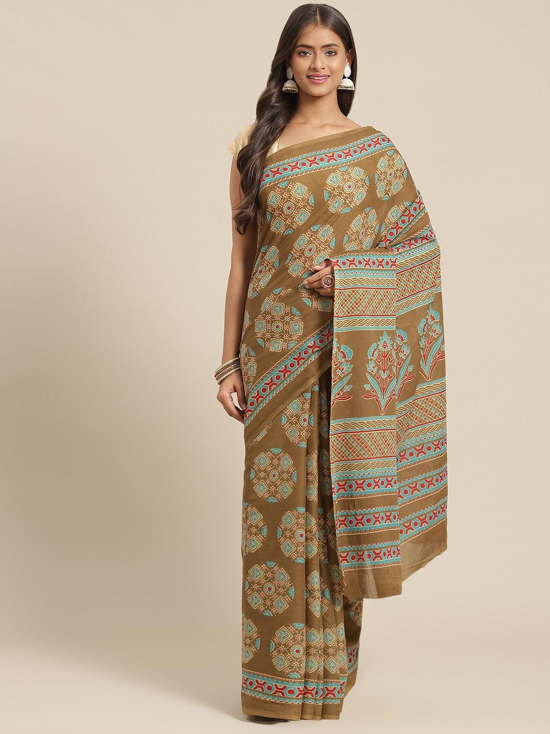 olive-printed-saree-10122061GR, Women Indian Ethnic Clothing, Cotton Saree