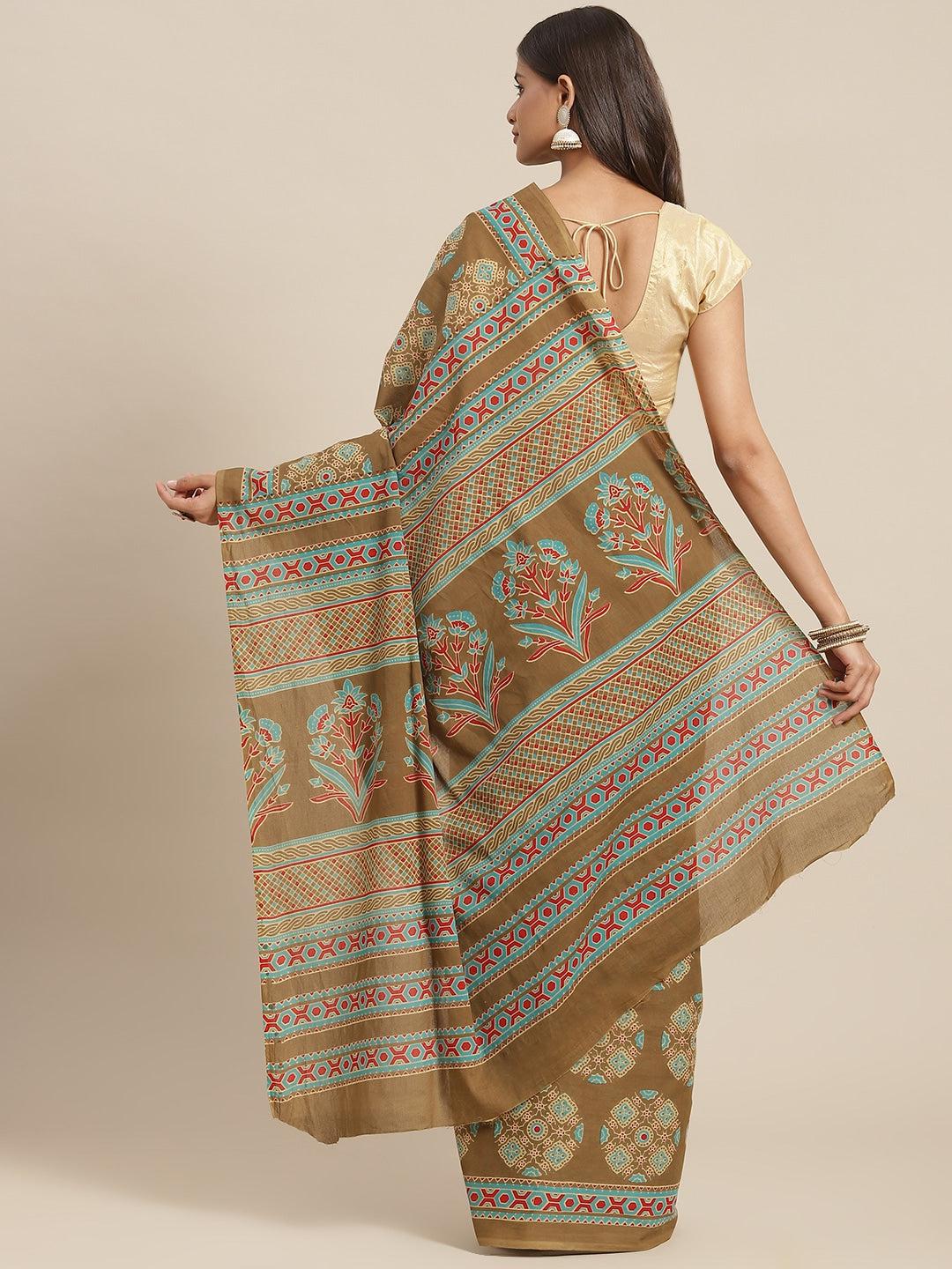 olive-printed-saree-10122061GR, Women Indian Ethnic Clothing, Cotton Saree