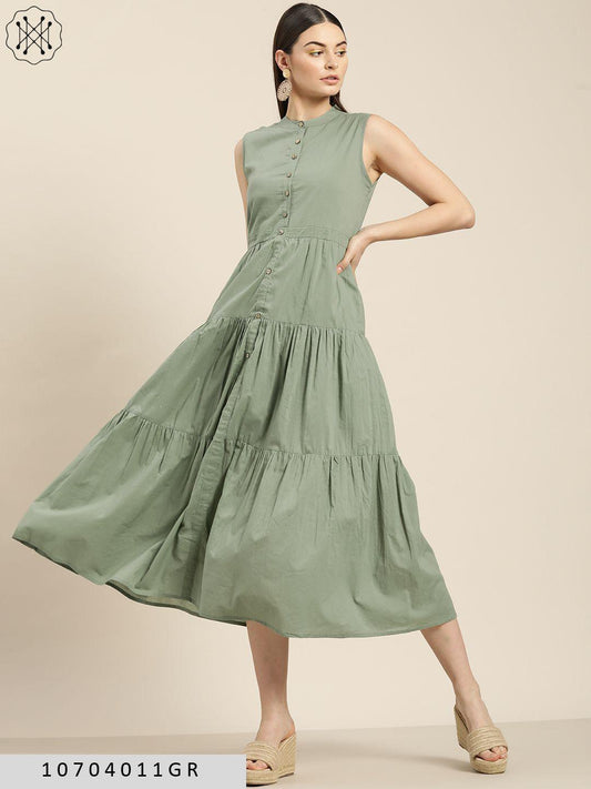 olive-sleeveless-tiered-dress-10704011GR, Women Clothing, Cambric Dress