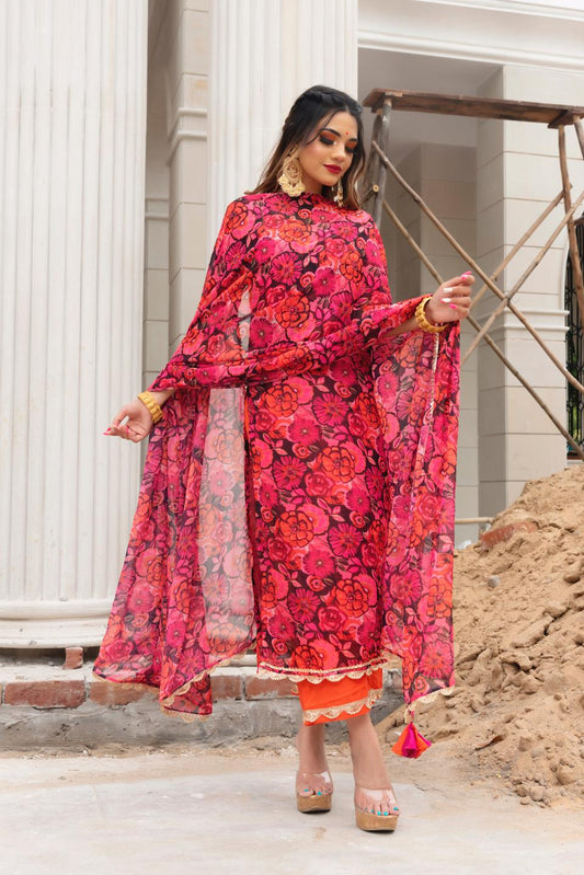 orange-phool-jaal-chiffon-suit-set-11403155OR, Women Indian Ethnic Clothing, Chiffon Kurta Set Dupatta