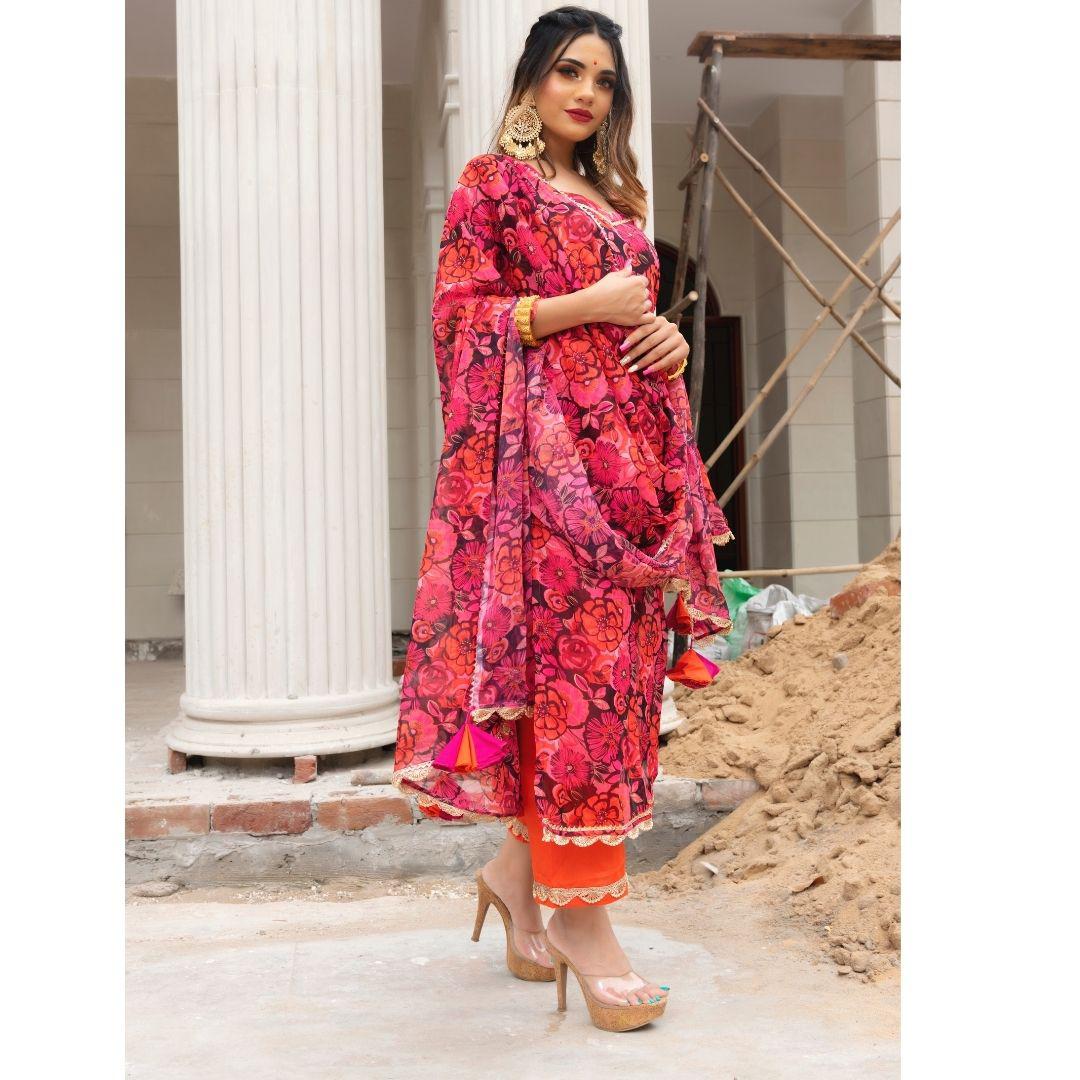 orange-phool-jaal-chiffon-suit-set-11403155OR, Women Indian Ethnic Clothing, Chiffon Kurta Set Dupatta