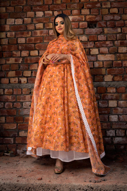 orange-printed-modal-anrakali-set-11403144OR, Women Indian Ethnic Clothing, Cotton Kurta Set Dupatta