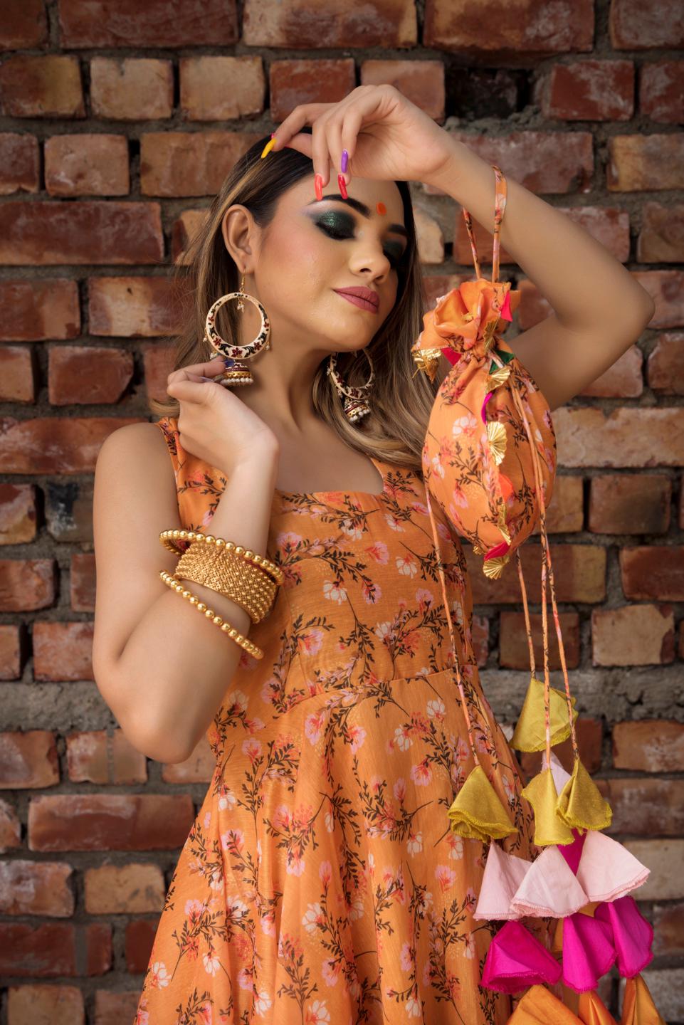 orange-printed-modal-anrakali-set-11403144OR, Women Indian Ethnic Clothing, Cotton Kurta Set Dupatta